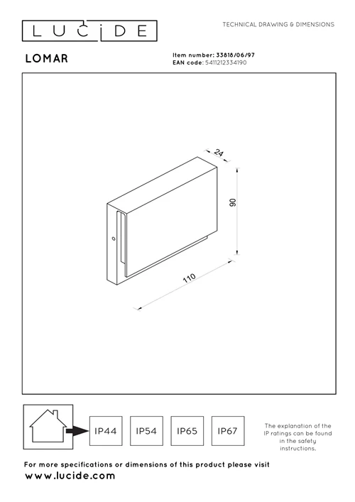 Lucide LOMAR - Applique murale Intérieur/Extérieur - LED - 1x6W 2700K - IP54 - Rouille - Essential - technique